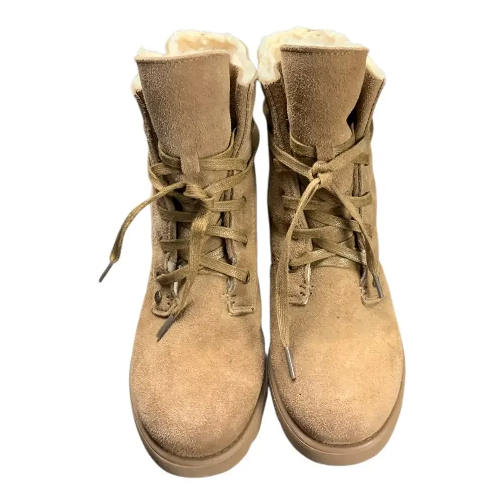 Bearpaw Krista Youth Boots Tan Suede Wool Lined Lace Up Size 4 EU 34